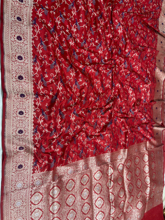 Red Shikargah Banarasi Pure Silk Saree