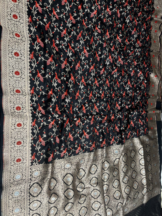 Black Shikargah Banarasi Pure Silk Saree