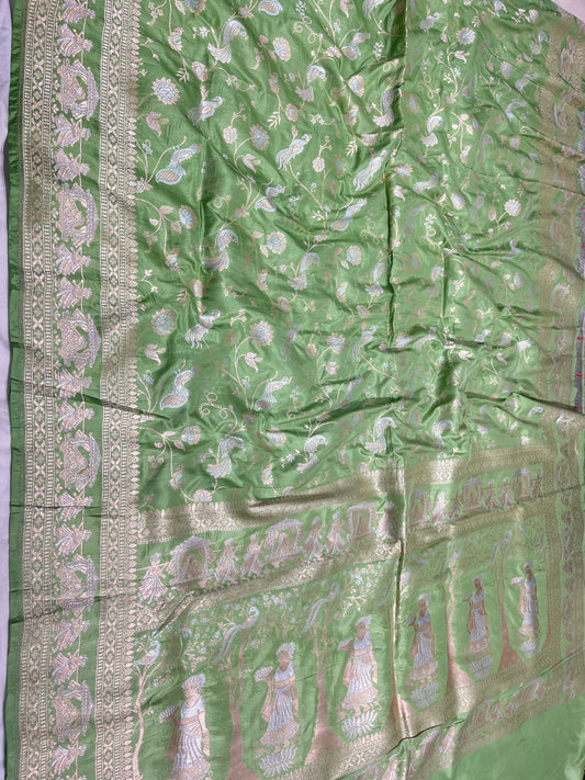 Apple Green Shikargah Banarasi Pure Silk Saree