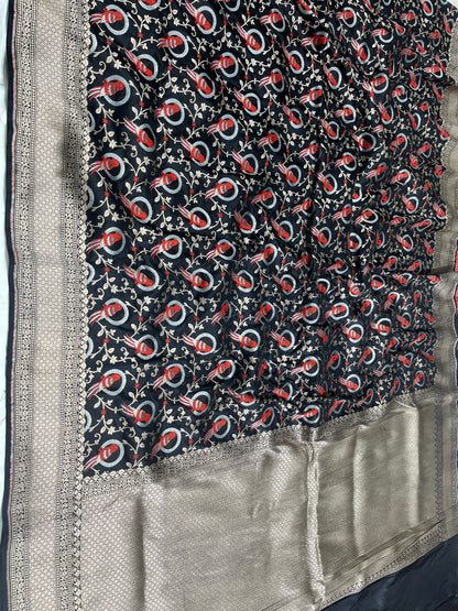 Black Shikargah Banarasi Pure Silk Saree