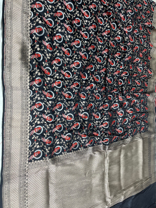 Black Shikargah Banarasi Pure Silk Saree