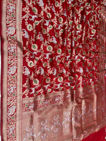 Red Shikargah Pure Katan Silk Saree