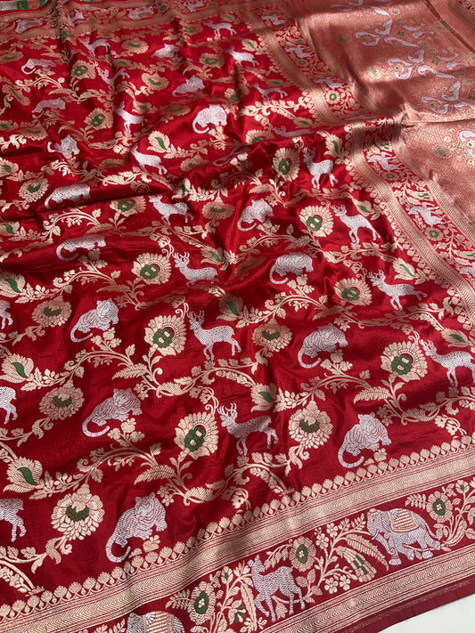 Red Shikargah Pure Katan Silk Saree