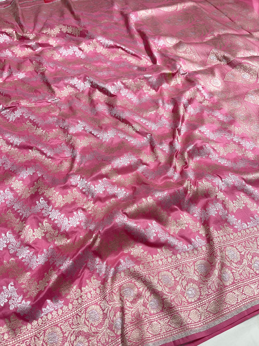 Baby Pink Shikargah Banarasi Pure Silk Saree