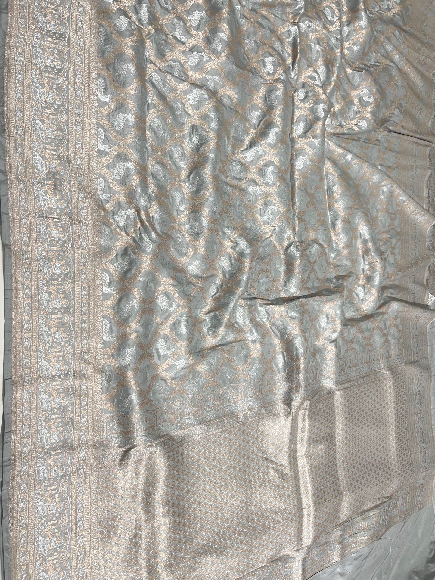 Grey Banarasi Shikargah Pure Silk Saree