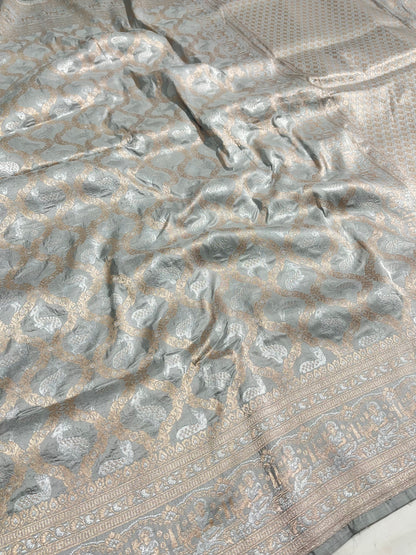 Grey Banarasi Shikargah Pure Silk Saree