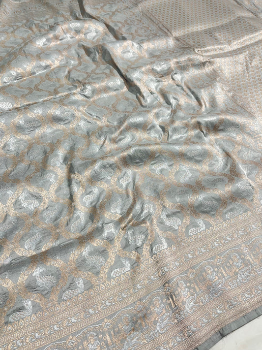 Grey Banarasi Shikargah Pure Silk Saree
