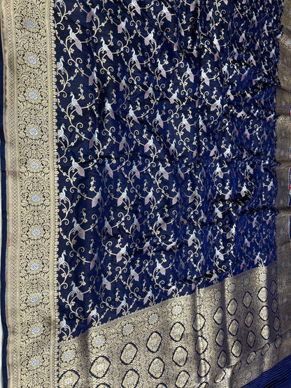 Nevy Blue Shikargah Pure Katan Silk Saree