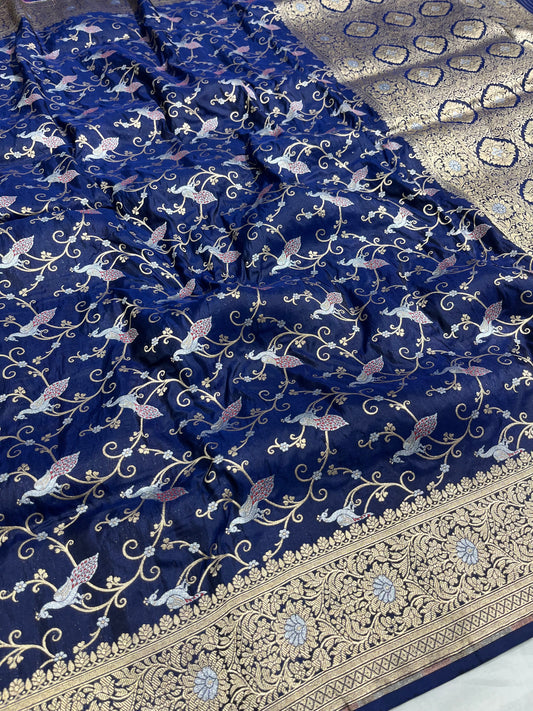 Nevy Blue Shikargah Pure Katan Silk Saree