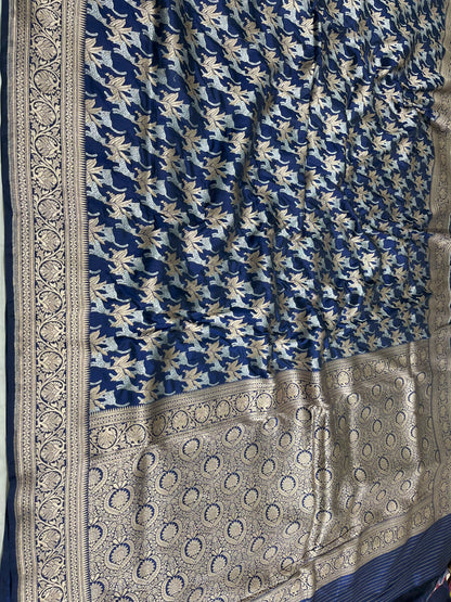 Nevy Blue Shikargah Pure Katan Silk Saree