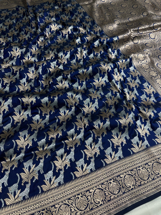 Nevy Blue Shikargah Pure Katan Silk Saree