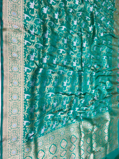 Sea Green Shikargah Pure Katan Silk Saree