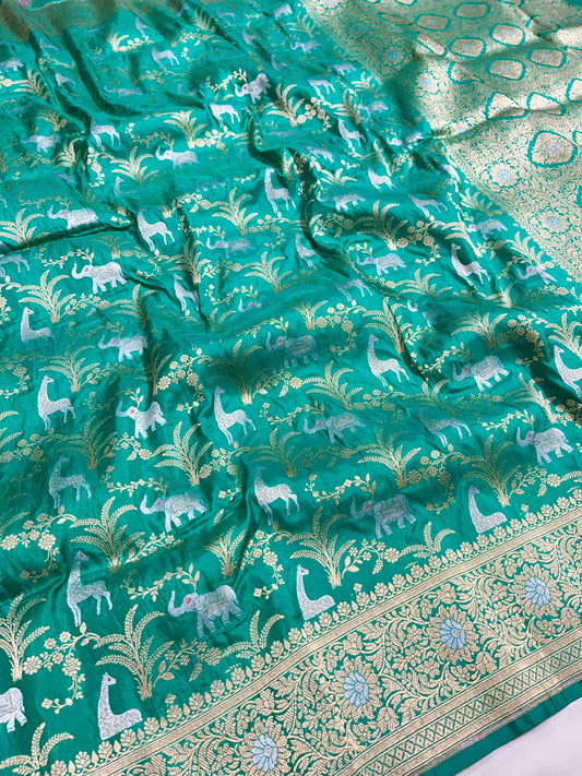 Sea Green Shikargah Pure Katan Silk Saree