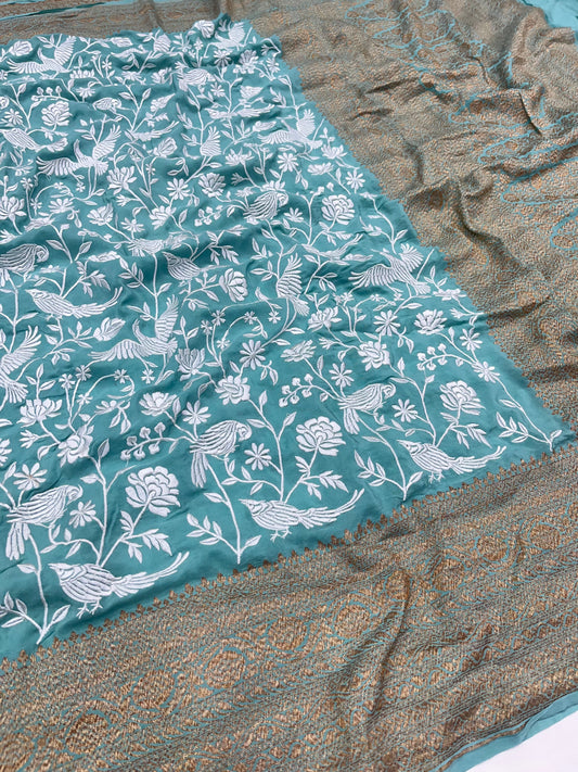 Turquoise Firozi Blue Parsigara Saree