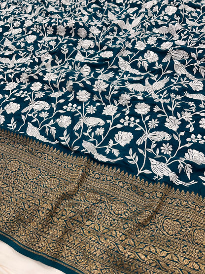 Teal Blue Parsigara Saree