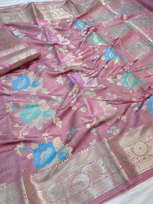 Dusty Pink Pure Chiniya Silk Saree