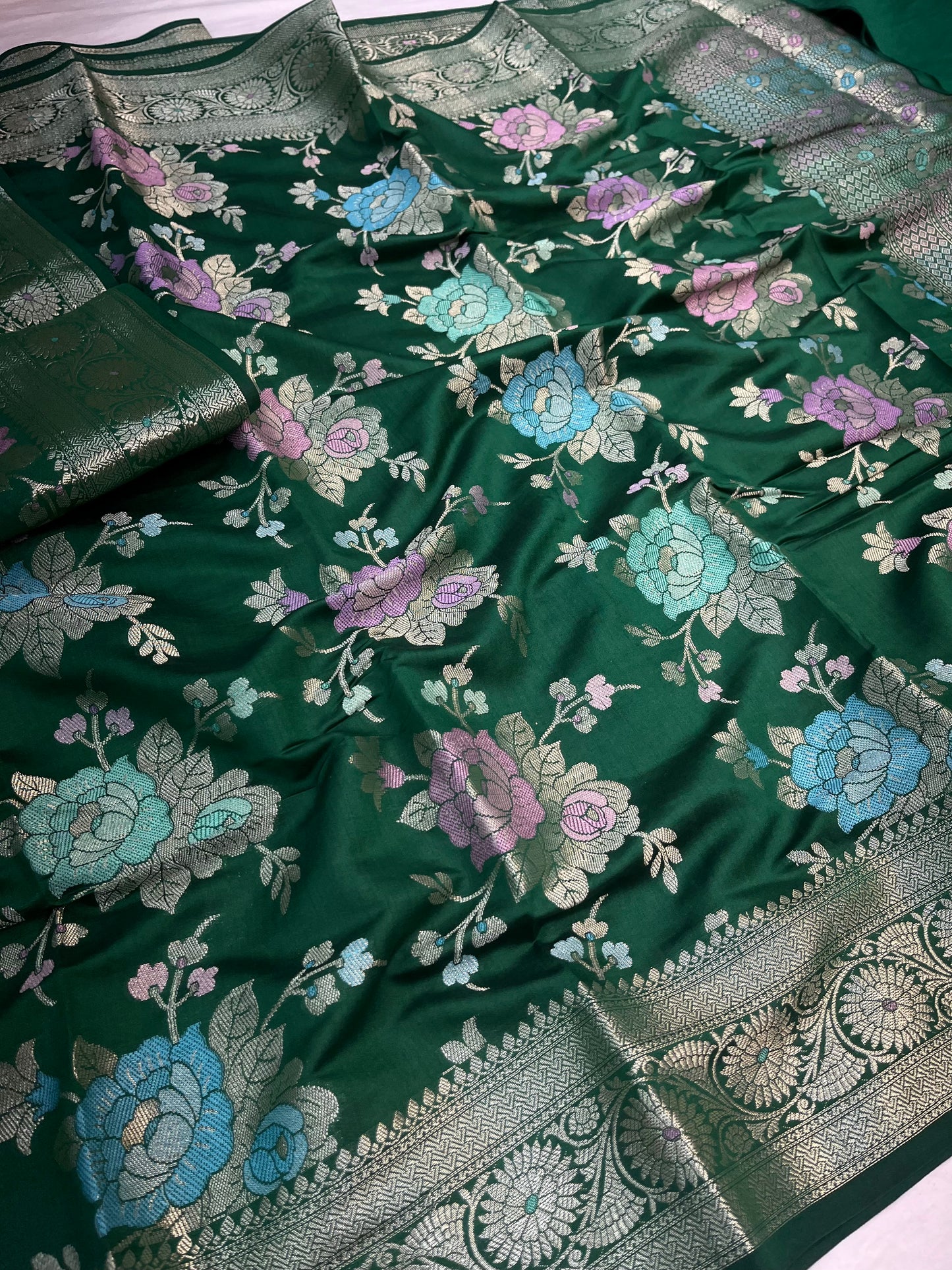 Bottle Green Pure Chiniya Silk Saree