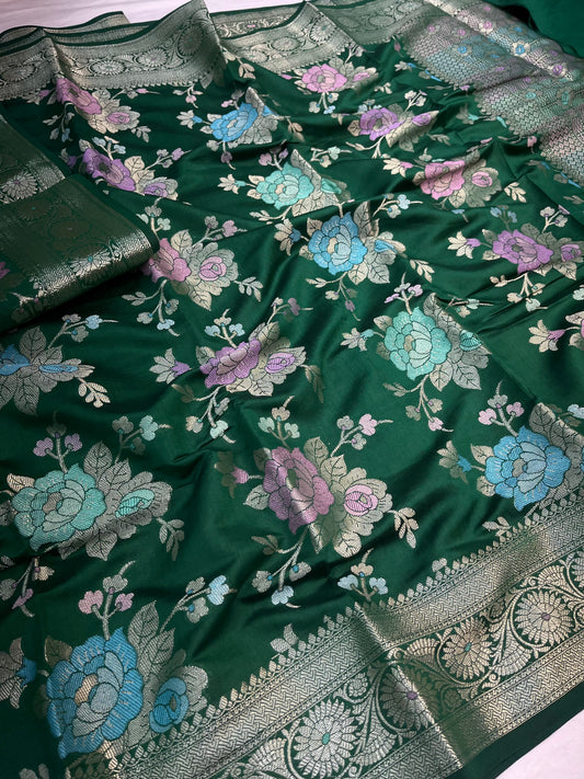 Bottle Green Pure Chiniya Silk Saree