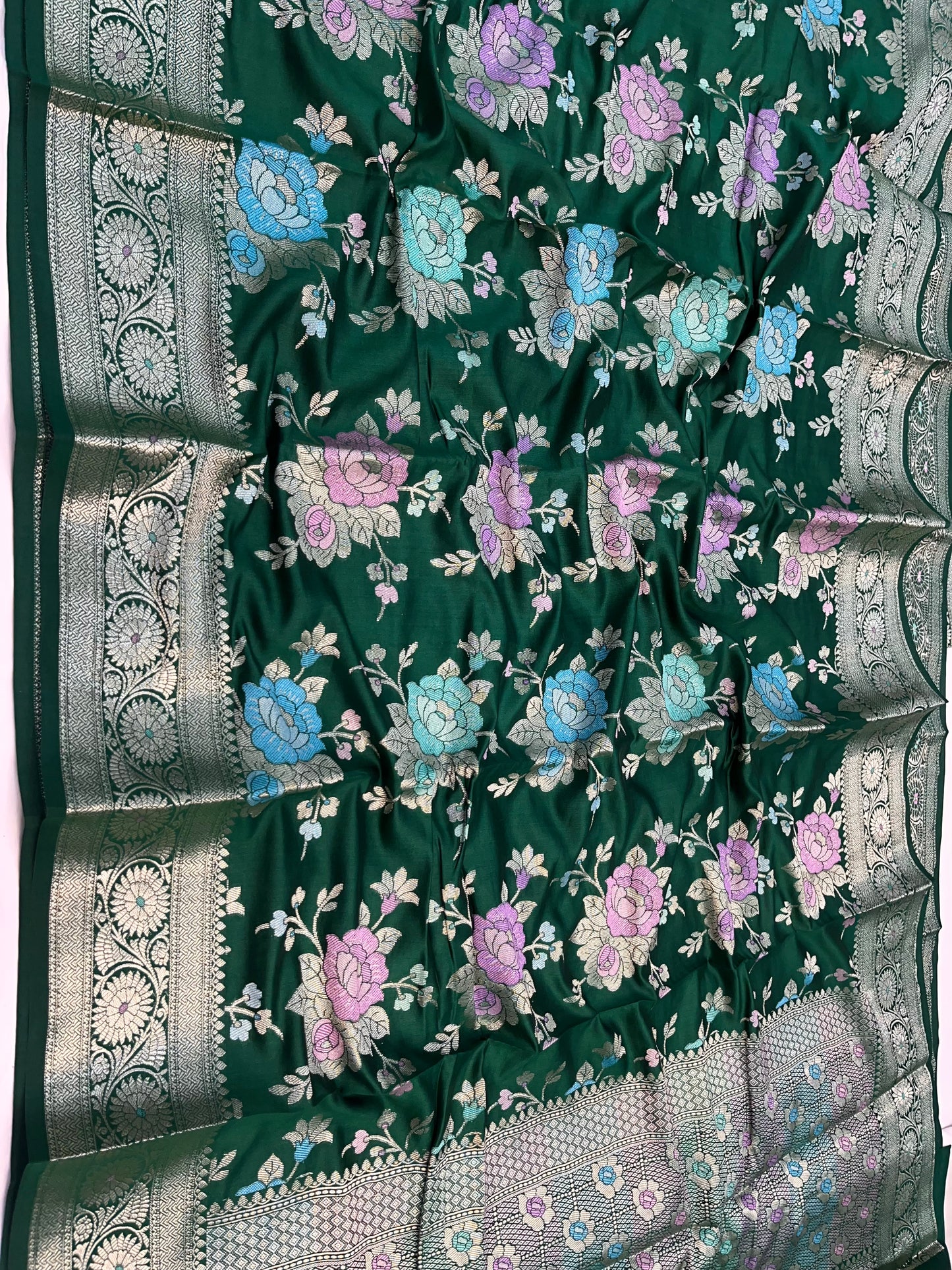 Bottle Green Pure Chiniya Silk Saree