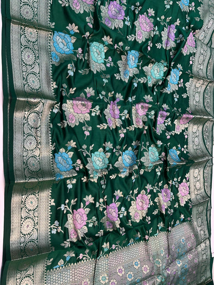 Bottle Green Pure Chiniya Silk Saree