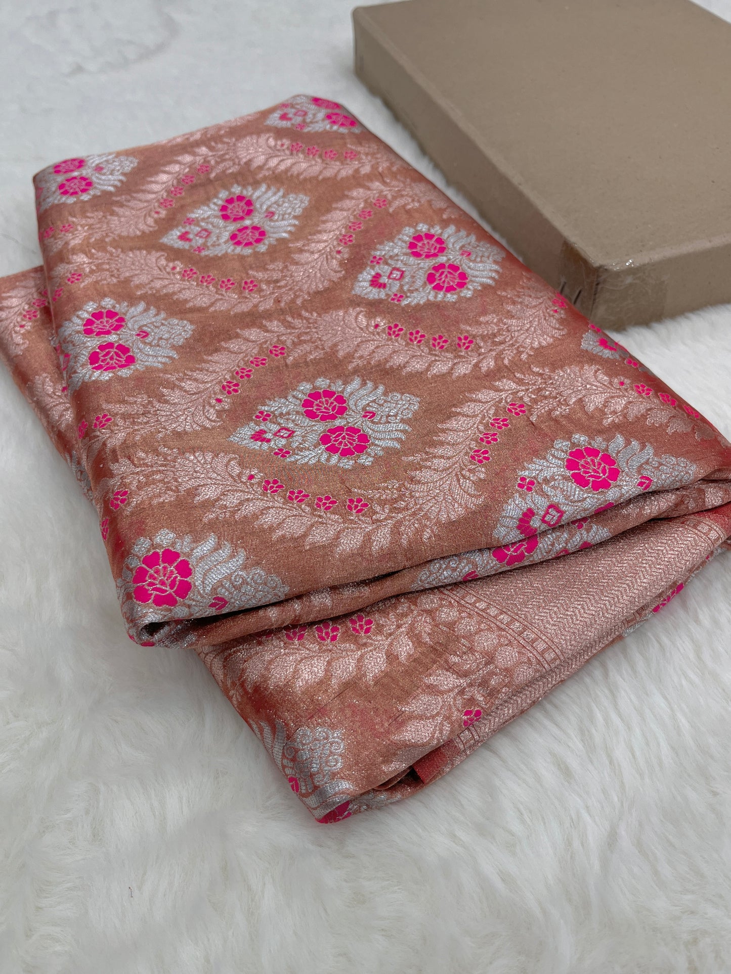 Banarasi Banarasi Pastel Brown Pure Tissue Silk Sarees with Sona Roopa Zari Weaves Meenakari Design