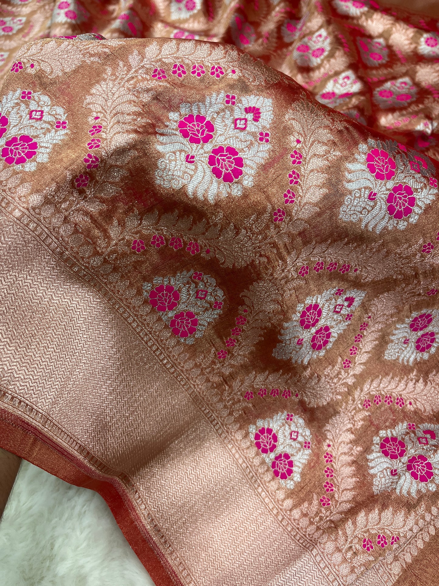 Banarasi Banarasi Pastel Brown Pure Tissue Silk Sarees with Sona Roopa Zari Weaves Meenakari Design