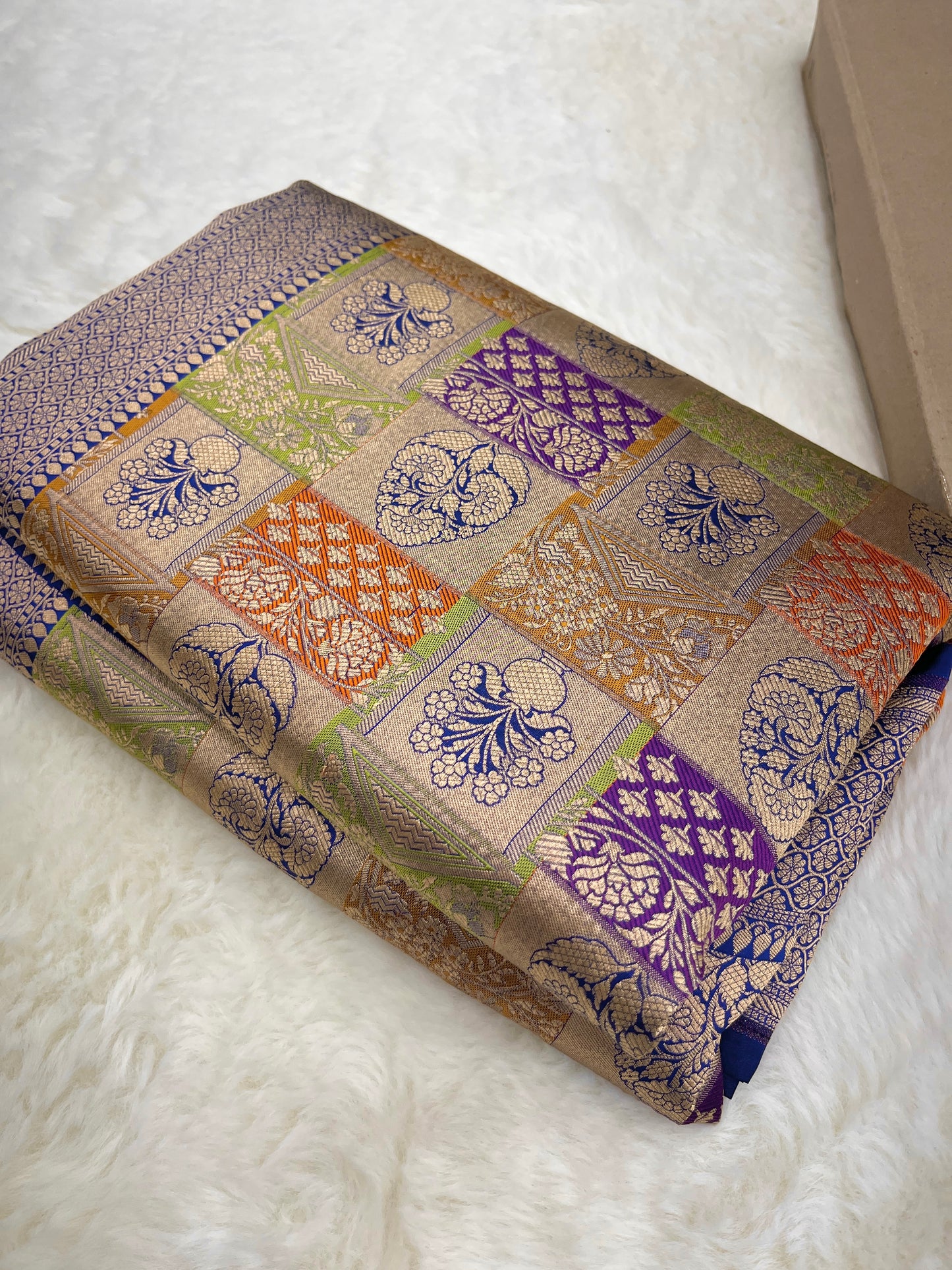 Handwoven Banarasi Pure Katan Silk Rangkat Sarees with Navy Blue Border & Pallu