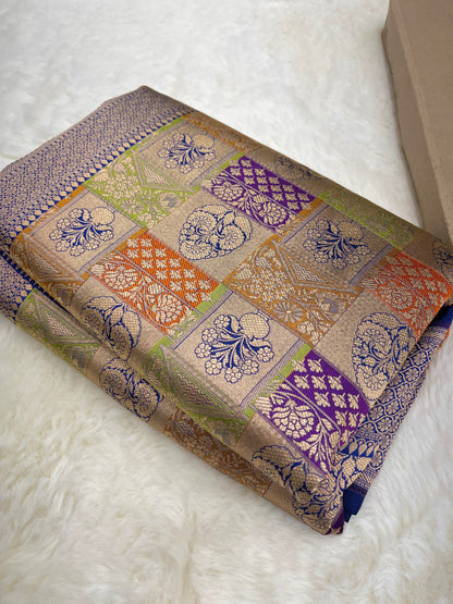 Handwoven Banarasi Pure Katan Silk Rangkat Sarees with Navy Blue Border & Pallu