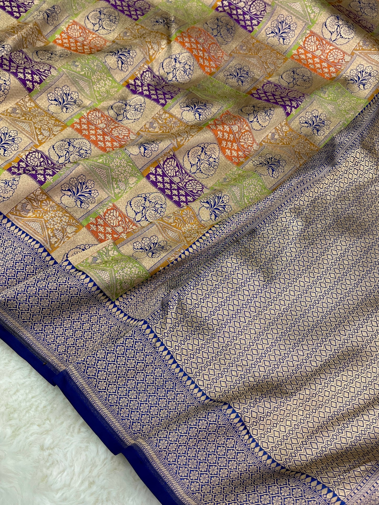 Handwoven Banarasi Pure Katan Silk Rangkat Sarees with Navy Blue Border & Pallu