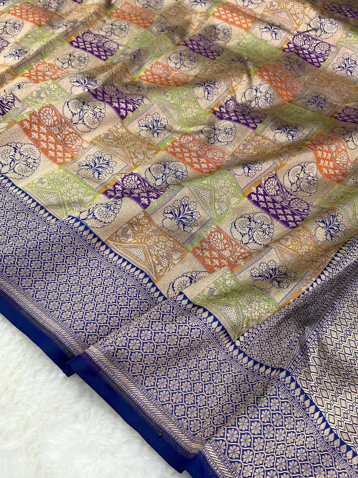 Handwoven Banarasi Pure Katan Silk Rangkat Sarees with Navy Blue Border & Pallu
