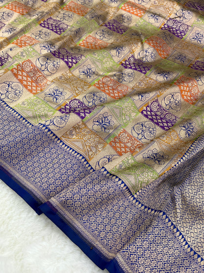 Handwoven Banarasi Pure Katan Silk Rangkat Sarees with Navy Blue Border & Pallu
