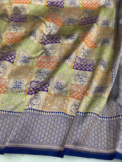 Handwoven Banarasi Pure Katan Silk Rangkat Sarees with Navy Blue Border & Pallu