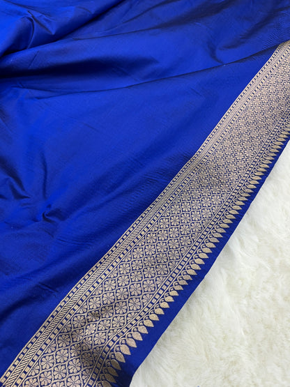 Handwoven Banarasi Pure Katan Silk Rangkat Sarees with Navy Blue Border & Pallu