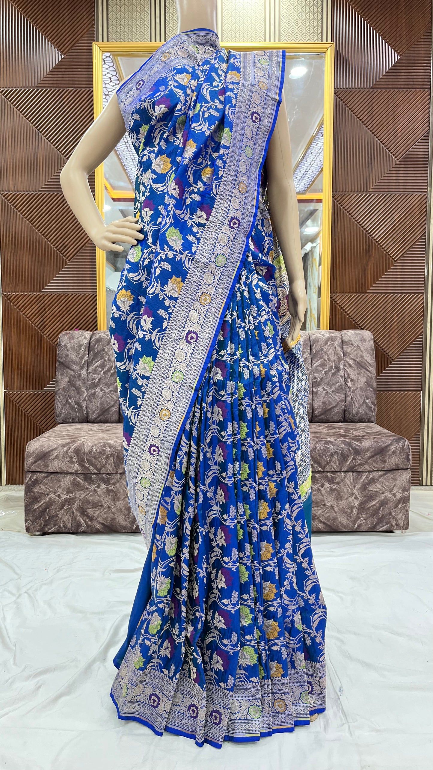 peacock blue katan silk saree