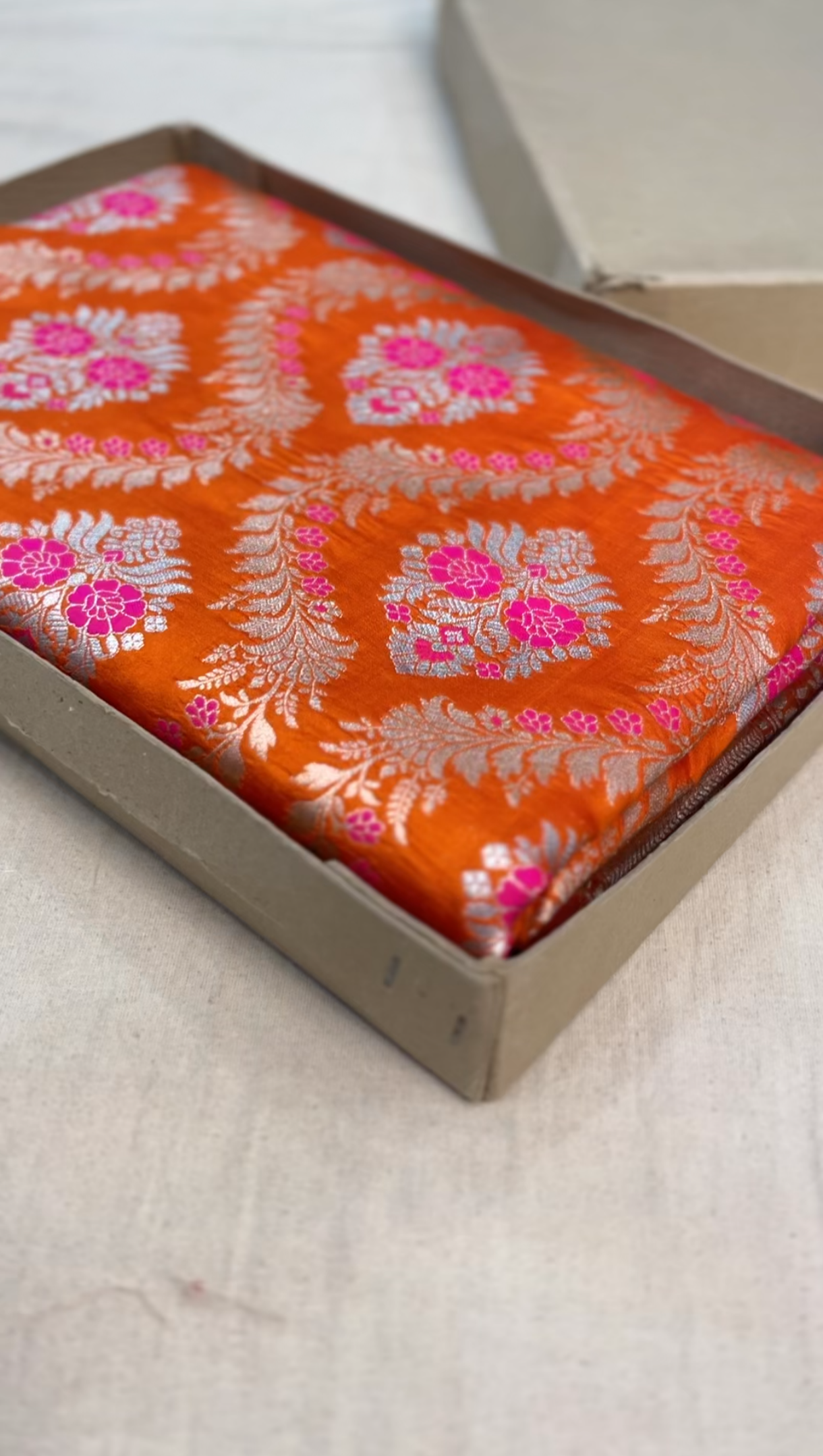Rust Orange Banarasi Pure Chiniya Silk Saree with Sona Roopa Zari Weaving "PCS01"