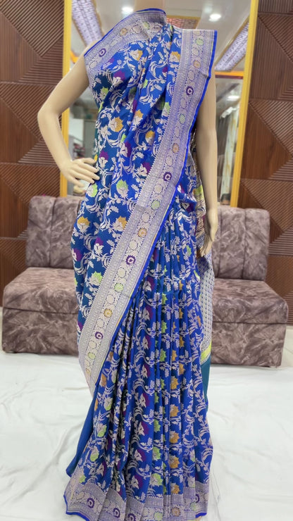 peacock blue katan silk saree