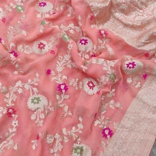 Peach color  Meenakari khaddi Georgette saree