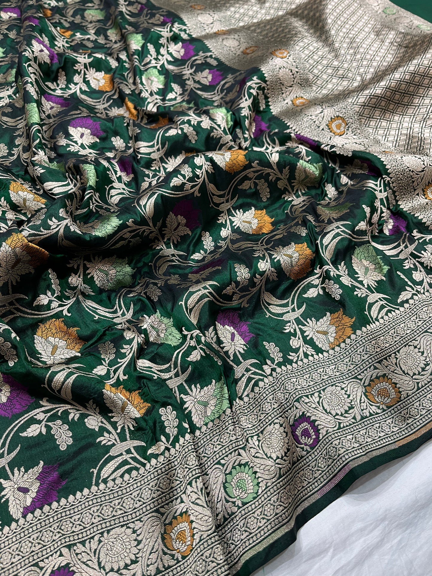Dark green Banarasi silk meenakari saree
