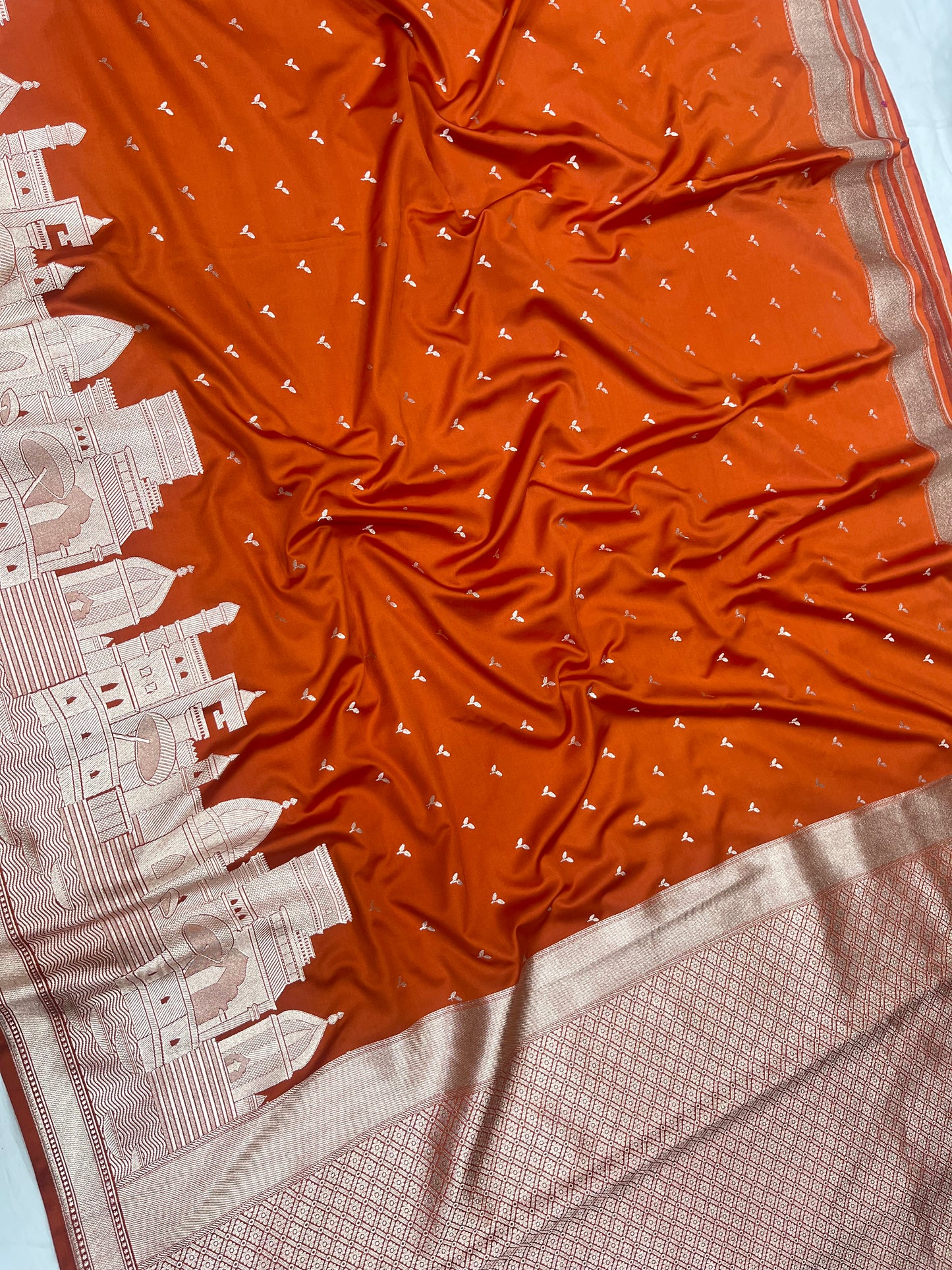 Banarasi Ganga Ghat Rust Orange Mashru Silk Saree