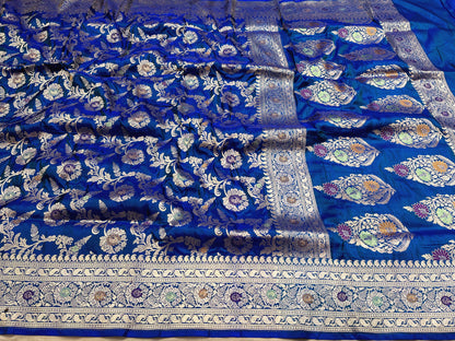 Peacock blue minakari pure silk saree