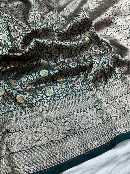Bottle green brocade pure silk saree