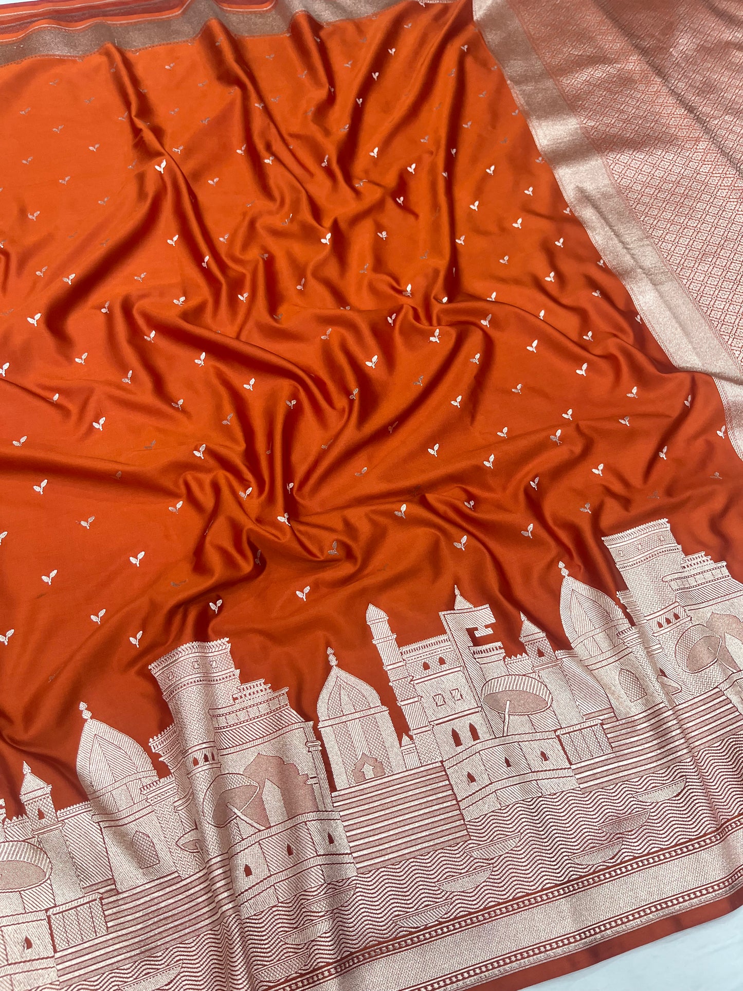 Banarasi Ganga Ghat Rust Orange Mashru Silk Saree