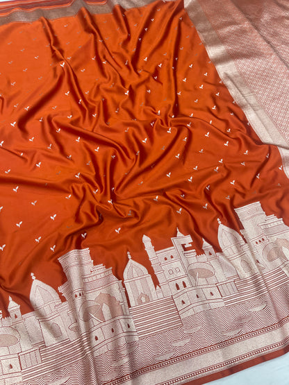 Banarasi Ganga Ghat Rust Orange Mashru Silk Saree