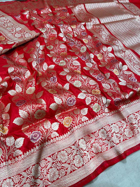 Red katan silk meenakari saree