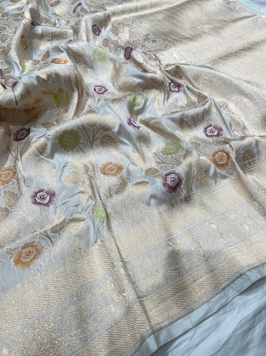 White banarasi pure silk meenakari saree