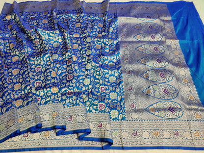 Peacock blue pure silk meenakari saree