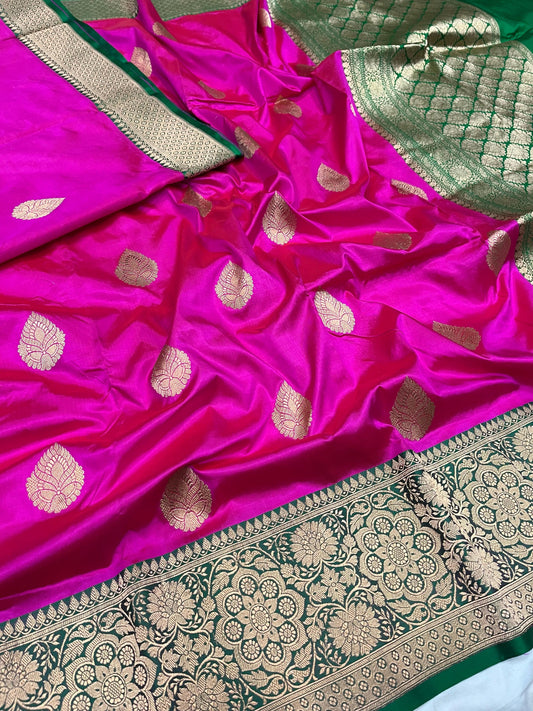 Pink Green Contrast Boder Saree