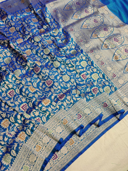 Peacock blue pure silk meenakari saree