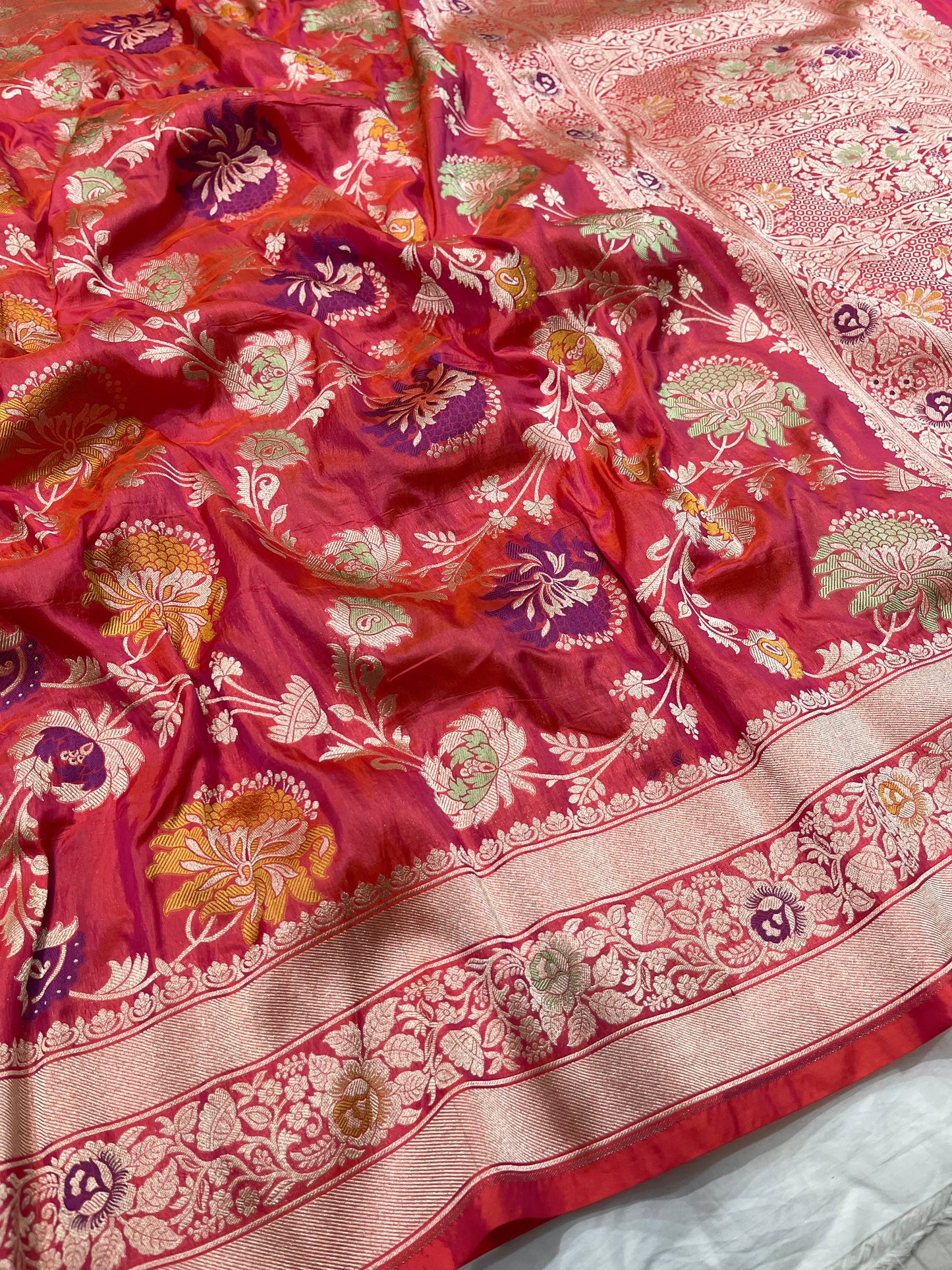 Pinkish Orange pure silk saree