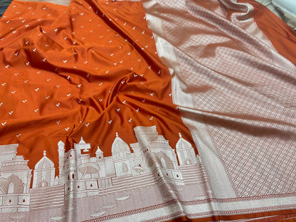 Banarasi Ganga Ghat Rust Orange Mashru Silk Saree